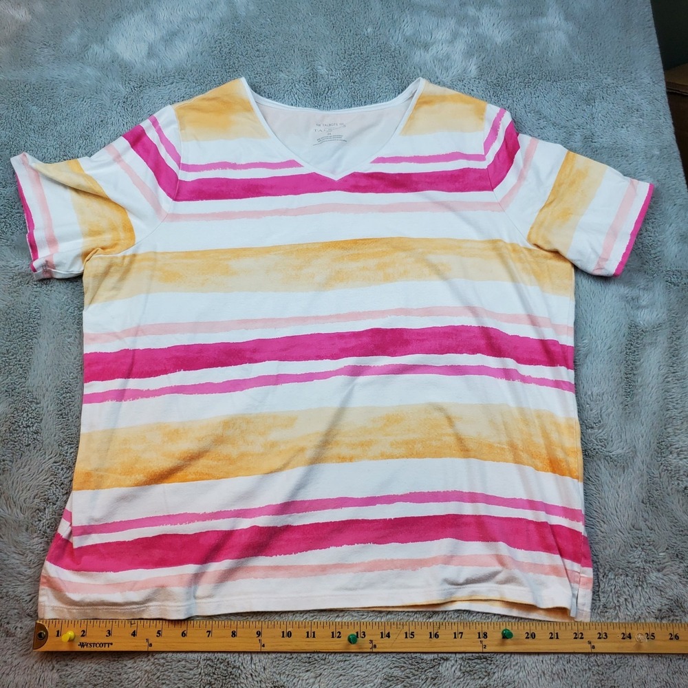 Talbots Tee Womens 2X V-Neck Short Sleeve Watercolor Striped Pink Orange